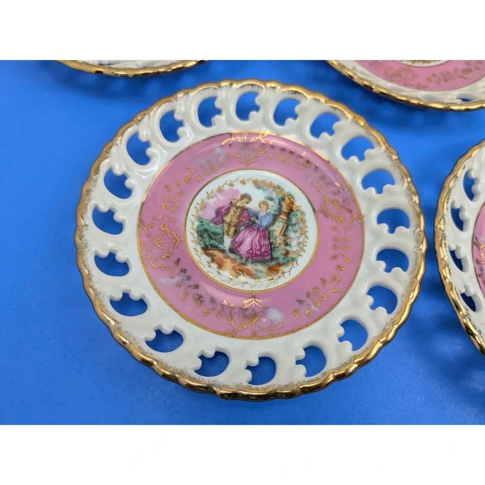 Vtg Kanekoh Japan Fine China Set of 5 Reticulated Saucer Plate Victorian Lover